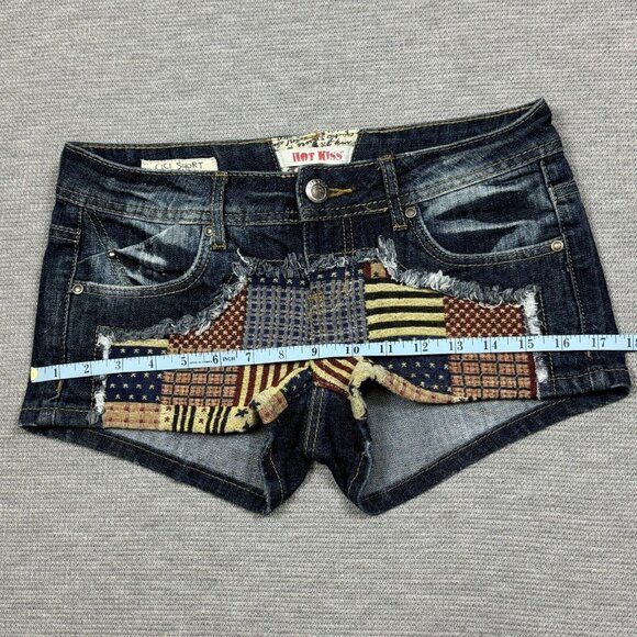 Hot Kiss Womens Blue Denim Cici Short Shorts Flag Patchwork Low Rise Size 3 - Picture 9 of 13